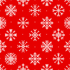 Seamless pattern with white pixel snowflakes on red background. Winter Illustration background.