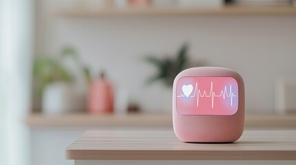Response health warning concept. A modern pink smartwatch displaying a heartbeat graphic, set on a wooden surface with a blurred background of indoor plants and decor.