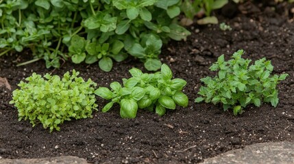 Vibrant Herb Garden: Basil, Mint, and Thyme Flourishing in Rich Soil