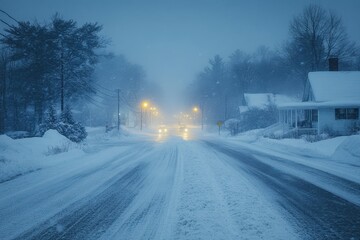 Obraz premium Snow-covered streets during a winter blizzard at twilight with minimal visibility