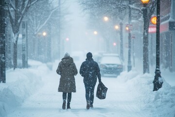 Walking through a winter blizzard with heavy snowfall in a quiet urban street