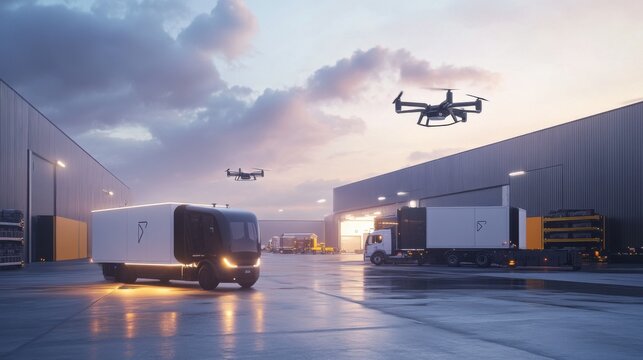 Delivery trucks and drones collaborate in a high-tech logistics hub during twilight hours