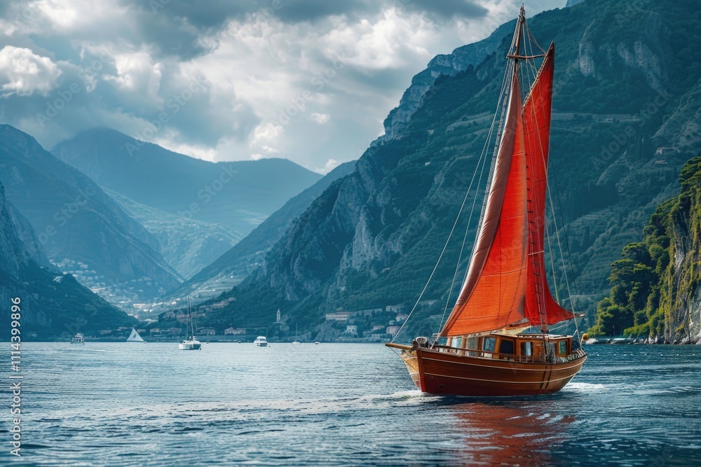 Poster a single red sailboat floats peacefully in the middle of a calm body of water, surrounded by gentle 