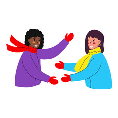 Meeting of two friends. A dark-skinned girl hugs a light-skinned girl. Vector illustration on a white background.