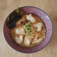 Una lindo plato violeta que contiene bastante ramen picante