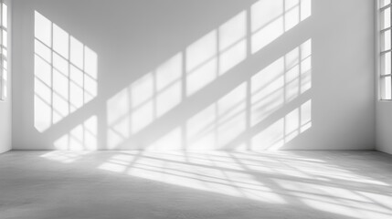 abstract. minimalistic background for product presentation. walls in  large empty room greyish white. can full of sunlight. Loft wall or minimalist wall. Shadow, light from windows to plaster wall.