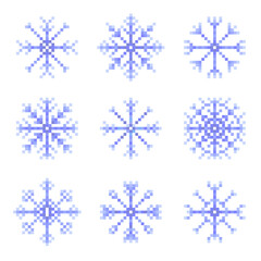 Fototapeta premium Pixel blue snowflakes set. A set of pixel snowflakes. Christmas New Year 8-bit style illustration.