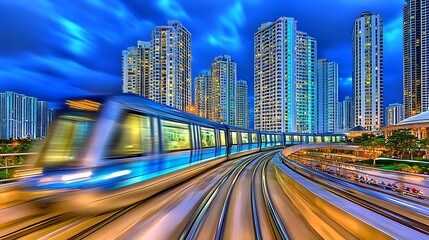 Fototapeta premium Modern City Train Speeds Through Urban Skyline At Night