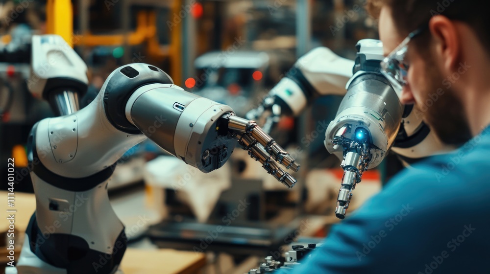 Poster a worker is assembling a robot in a factory environment