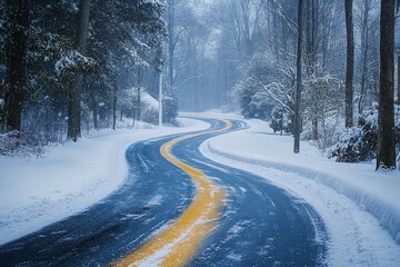 Curvy road winding through a winter blizzard surrounded by snow-covered trees