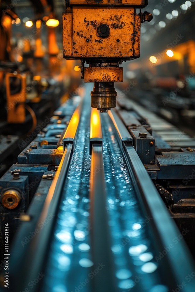 Poster a close-up view of a machine on a railroad track, suitable for industrial or mechanical use