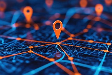 Location pin connecting data points on futuristic city map