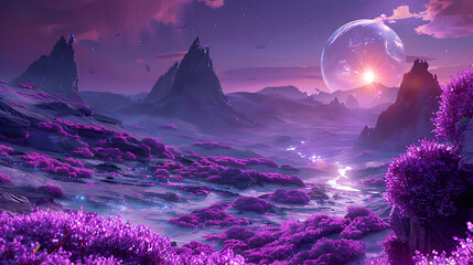 A Stunning Alien Desert Landscape with Glowing Purple Sands Under a Cosmic Sky at Sunrise, Inviting Exploration and Imagination in a Surreal World