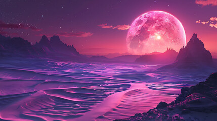 Surreal Alien Desert Landscape with Glowing Purple Sands Under a Massive Moon Illuminating a Dreamlike Twilight Sky