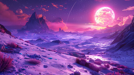 Surreal Alien Desert Landscape with Glowing Purple Sands Under a Cosmic Sky and Majestic Mountains in the Background