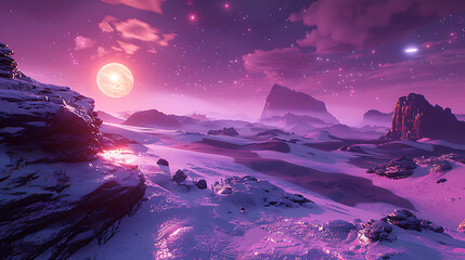 Surreal Alien Desert Landscape with Glowing Purple Sands Under a Mystical Moonlit Sky, Creating a Breathtaking Otherworldly Scene