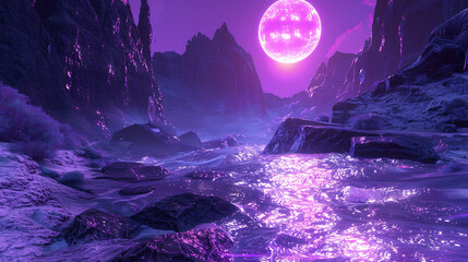 Surreal Alien Landscape with Glowing Purple Sands and Mystical Mountains Under a Radiant Purple Moon at Night