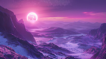 Enchanting Alien Desert Landscape at Dusk with Glowing Purple Sands and Celestial Elements Under Starry Sky