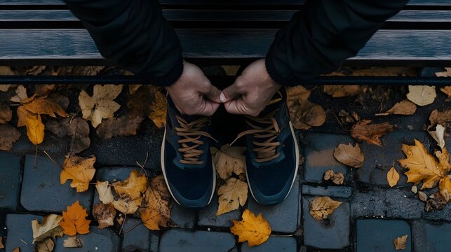 Photo of a man tying his running shoes on a park bench, with autumn leaves scattered on the ground.