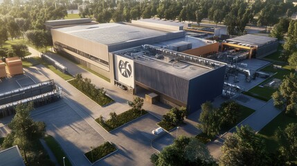 Obraz premium Modern industrial facility with expansive layout and green surroundings in a sunny environment