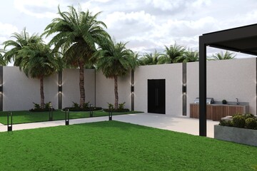 Fototapeta premium The villa has an outdoor yard, landscape, and pergola.