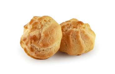 Choux Cream isolated on white background with clipping path, Profiterole, Eclair, Puff pastry ball with creme anglais, Cream puffs, semla, homemade pastry, French dessert.