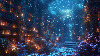 Enchanted Ancient Library Filled with Magical Glowing Books and Ethereal Creatures in a Mystical Underwater Setting
