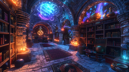 Enchanting Ancient Library Filled with Magical Glowing Books Beneath a Starry Sky and Mystical Atmosphere Invoking Wonder and Curiosity