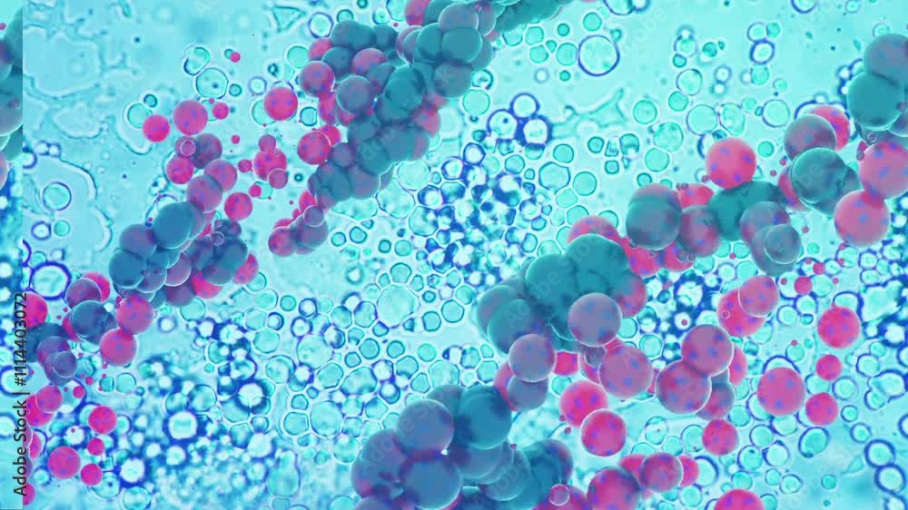 Poster a 3d animation depicting microscopic cells and biological structures in a fluid environment, showcas