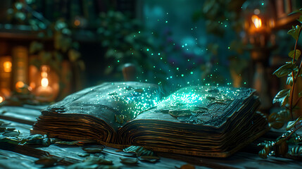 Enchanting Ancient Library with Magical Glowing Books Surrounded by Lush Greenery and Warm Ambient Light