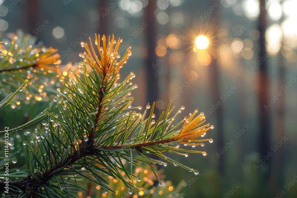 Poster a detailed view of a pine tree with water droplets on its needles, ideal for use in nature-inspired 