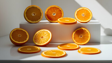 a vibrant display of orange slices arranged in an artistic pattern, their juicy texture glistening under natural light.