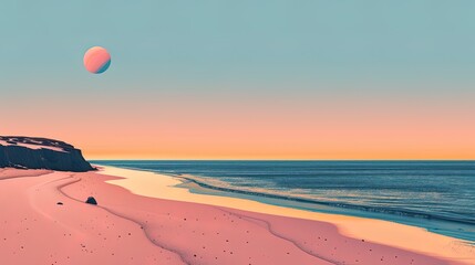 Obraz premium Pink Sand Beach Sunset With An Unusual Planet