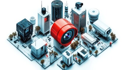 Smart city surveillance system with CCTV cameras and buildings.