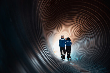 Workers inside a big steel pipe building a pipeline for oil, gas, and fuel at an industrial site.