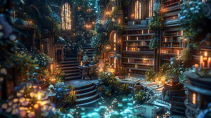 Enchanted Ancient Library Filled with Glowing Books and Magical Light, Surrounded by Lush Greenery and Candlelit Shadows, Inviting Mystical Exploration