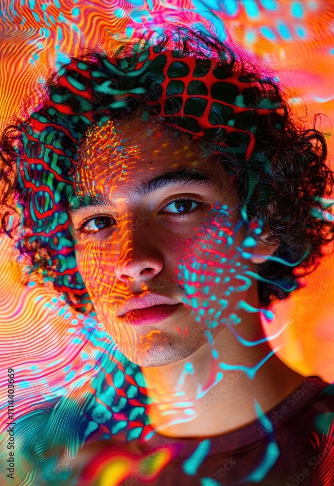 Poster a portrait of a person with a bright, dynamic background of colorful patterns that highlight their i