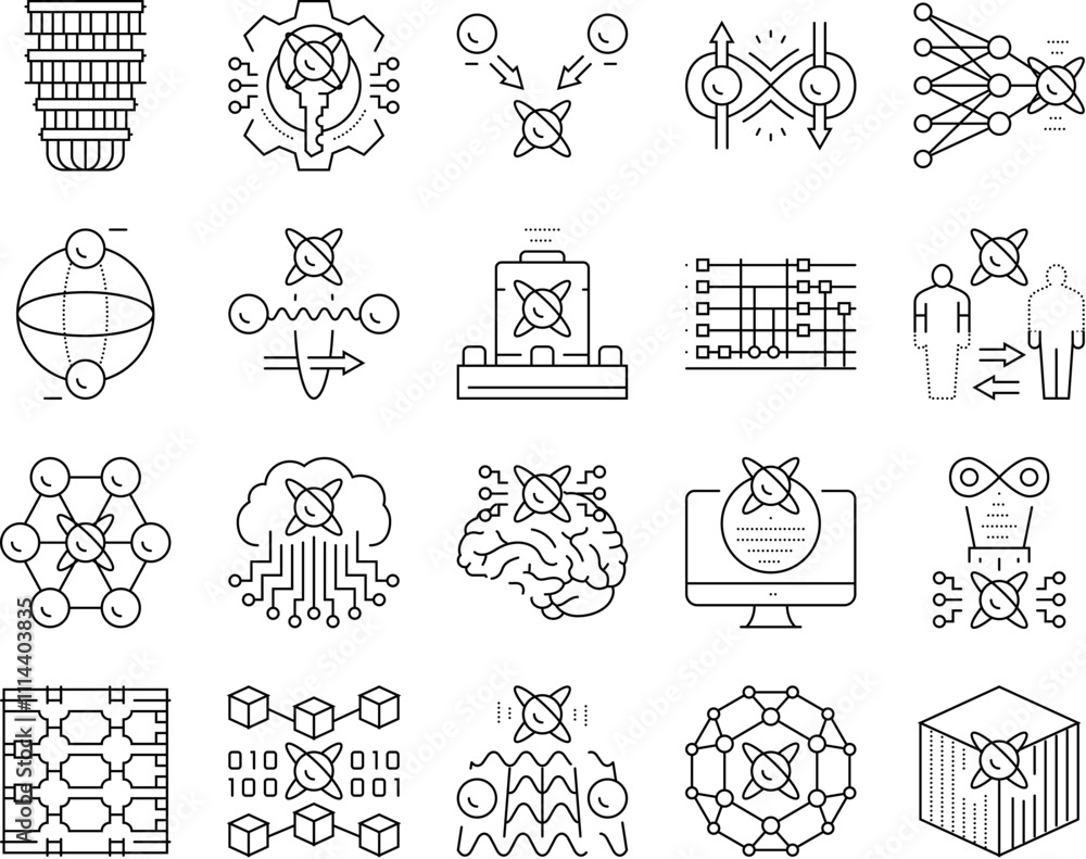 Poster quantum technology data science icons set vector. computer tech, abstract ai, network cyber, chip se