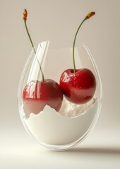 A glass with a cherry inside, set against a light background, captured in hyper-realistic, sharp, high-resolution studio lighting.