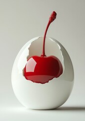 An eggshell with a cherry inside, on a light background, in hyper-realistic, sharp, high-resolution studio lighting.