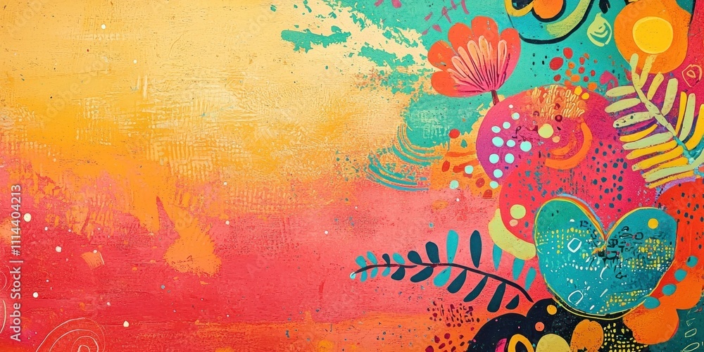Poster a whimsical fun background with bright colors and abstract patterns that evoke excitement and positi