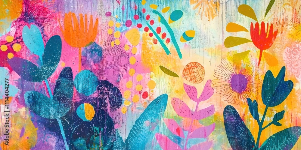 Poster a whimsical fun background with bright colors and abstract patterns that evoke excitement and positi