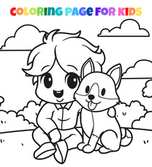 Boy with fox character coloring page outline vector illustration