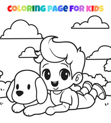 Boy with dog character coloring page outline vector illustration