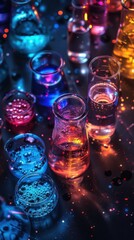 Brightly colored shot glasses of liquid and water on a table