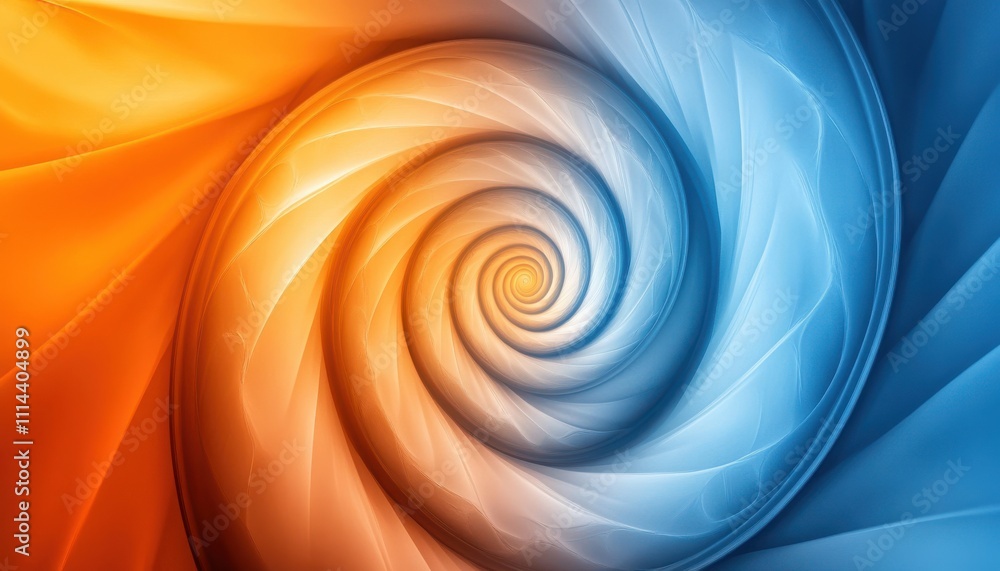 Poster swirling gradient design in blue and orange tones creating a hypnotic spiral pattern for artistic an