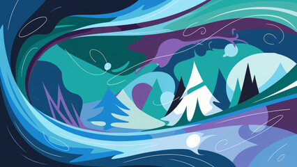 Abstract Cosmic Winter Vortex with Swirling Aurora and Icy Landscape