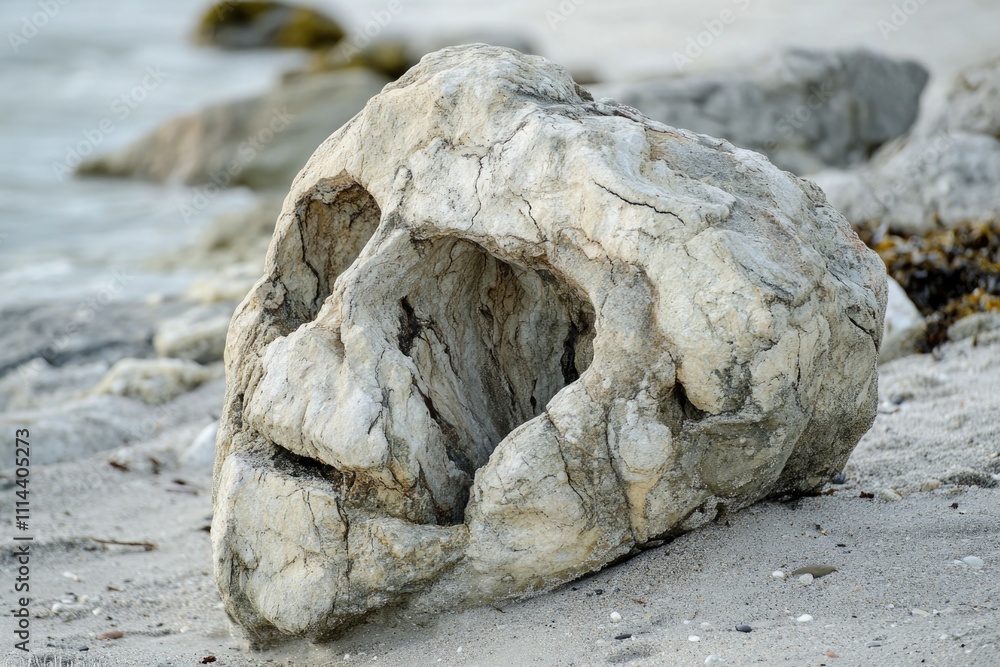 Poster a rock with a face carved into it sits on the beach, perfect for a coastal-themed image