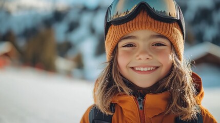 Portrait of a smiling young hispanic child wearing ski goggles and orange winter clothes, enjoying a day on the slopes of a snowy mountain ski resort