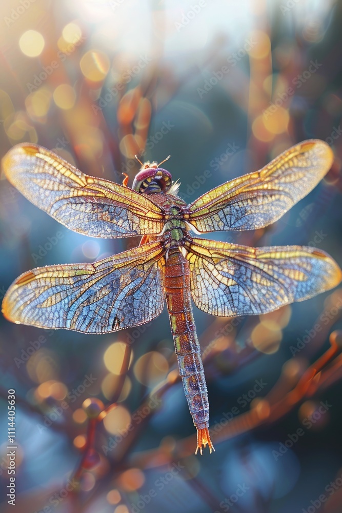 Poster a dragonfly perched on the end of a tree branch, its iridescent wings spread open